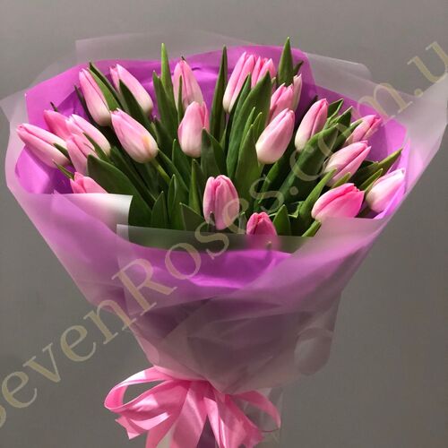 Букет з 23 рожевих тюльпанів в рожевій упаковці